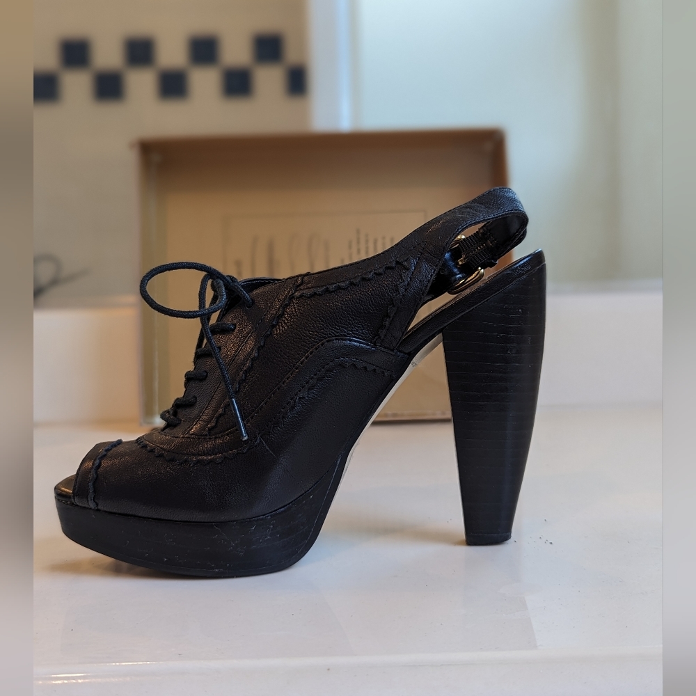 Nine West Black Leather peep toe platform slings Size 5.5
